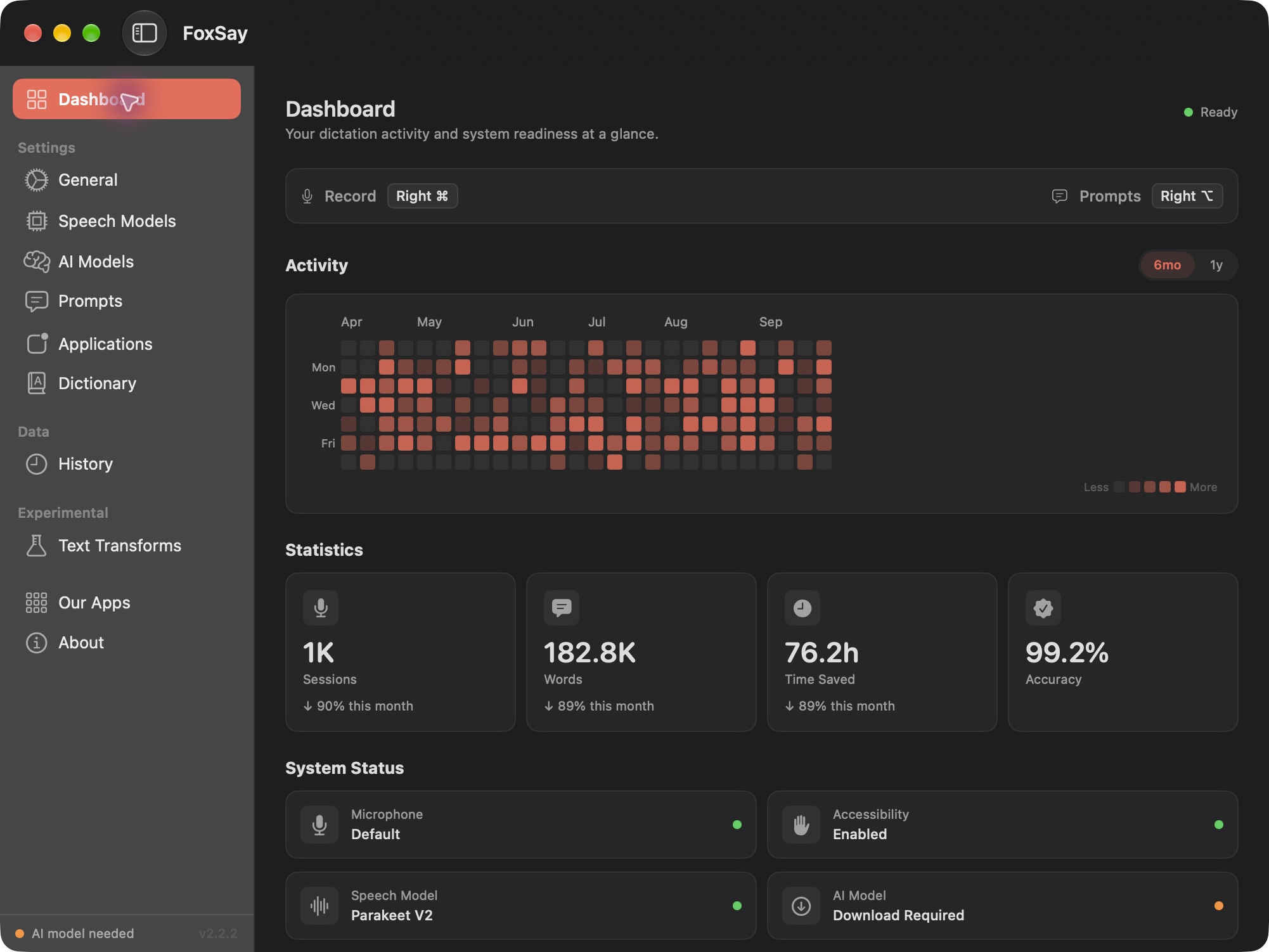 Recording shortcuts, recent activity, and statistics. Activity and statistics use demo data.