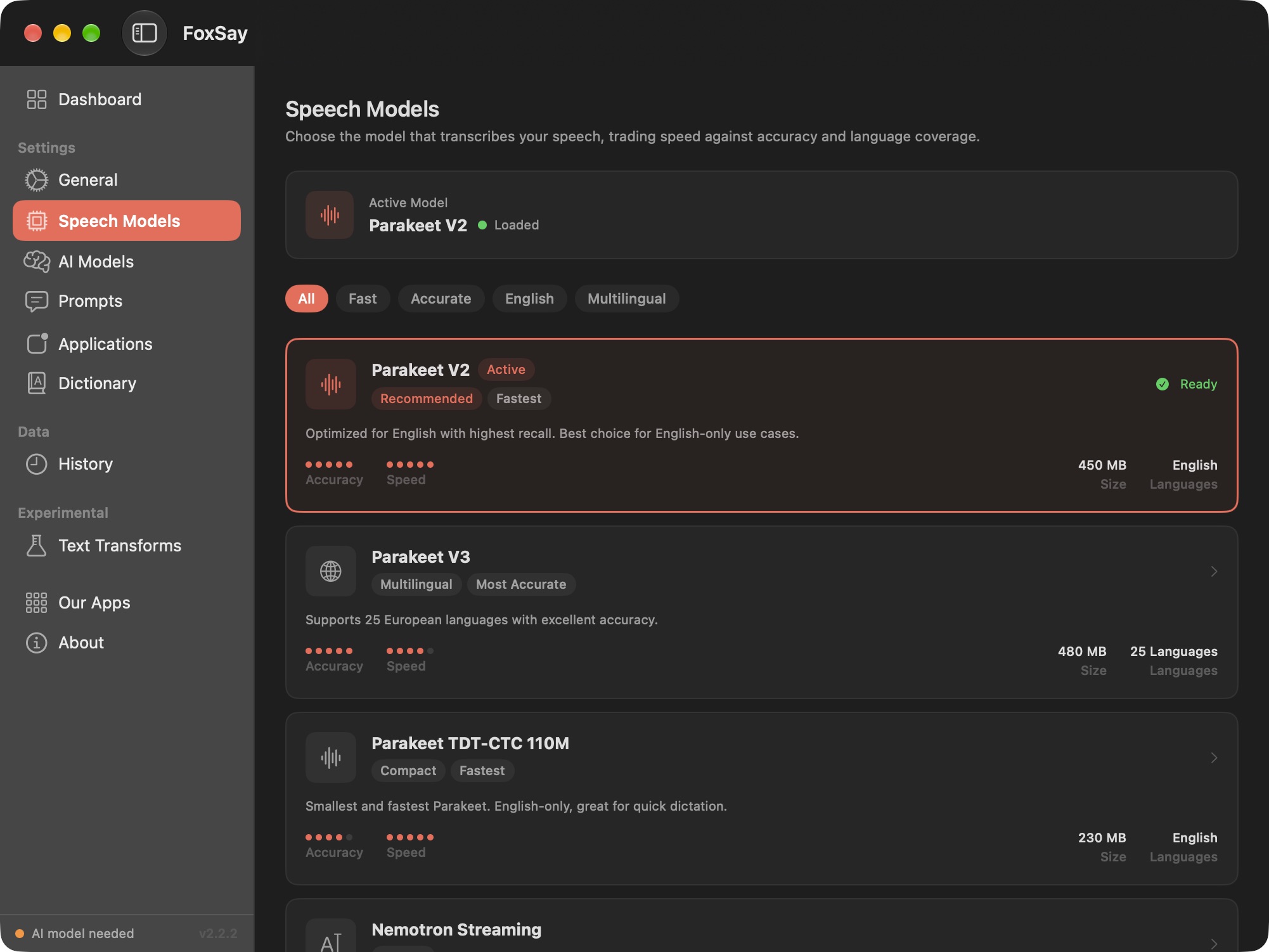 Choose a speech model and check its language support and download size