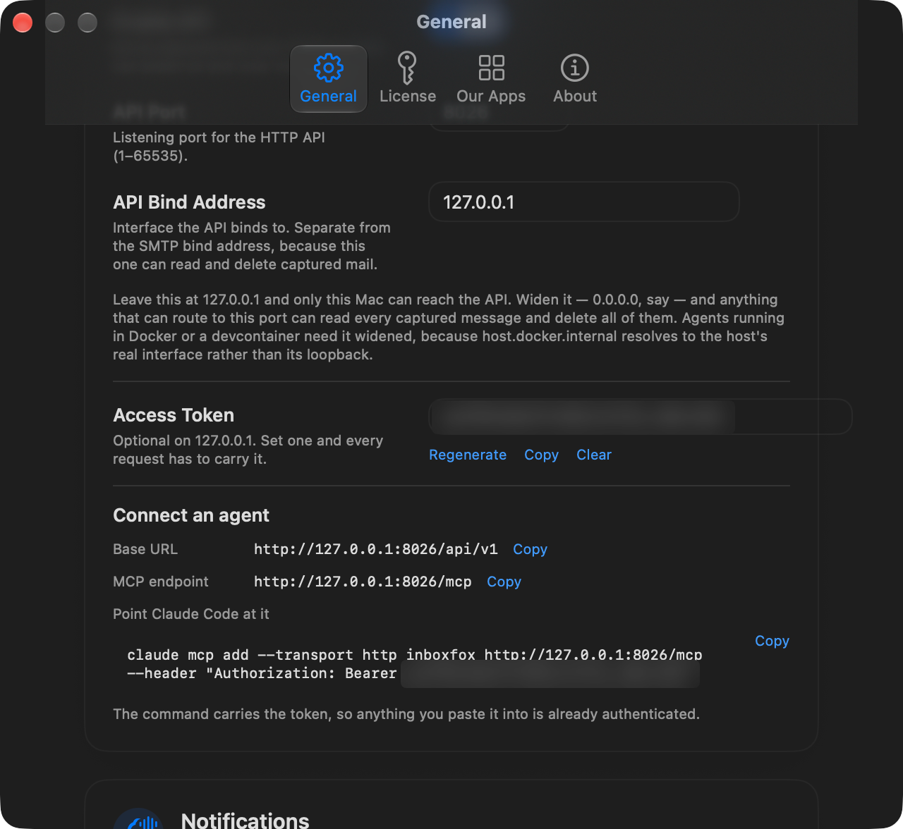 Configure the HTTP API and copy the MCP connection command