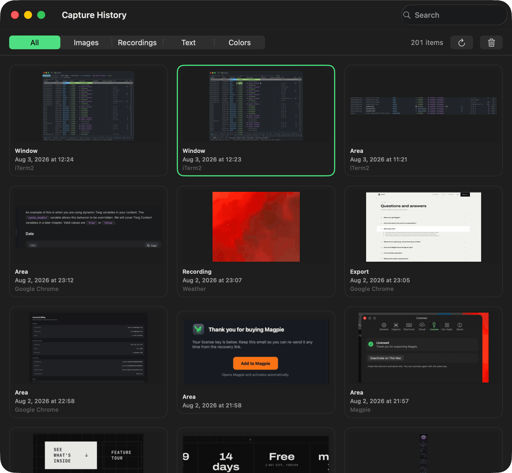 Browse local history for screenshots, recordings, copied text, and colors