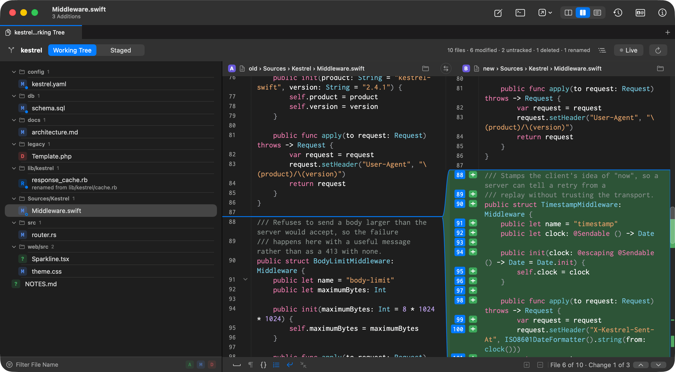 Browse changed files, read the selected diff, and stage individual Git hunks without leaving the review