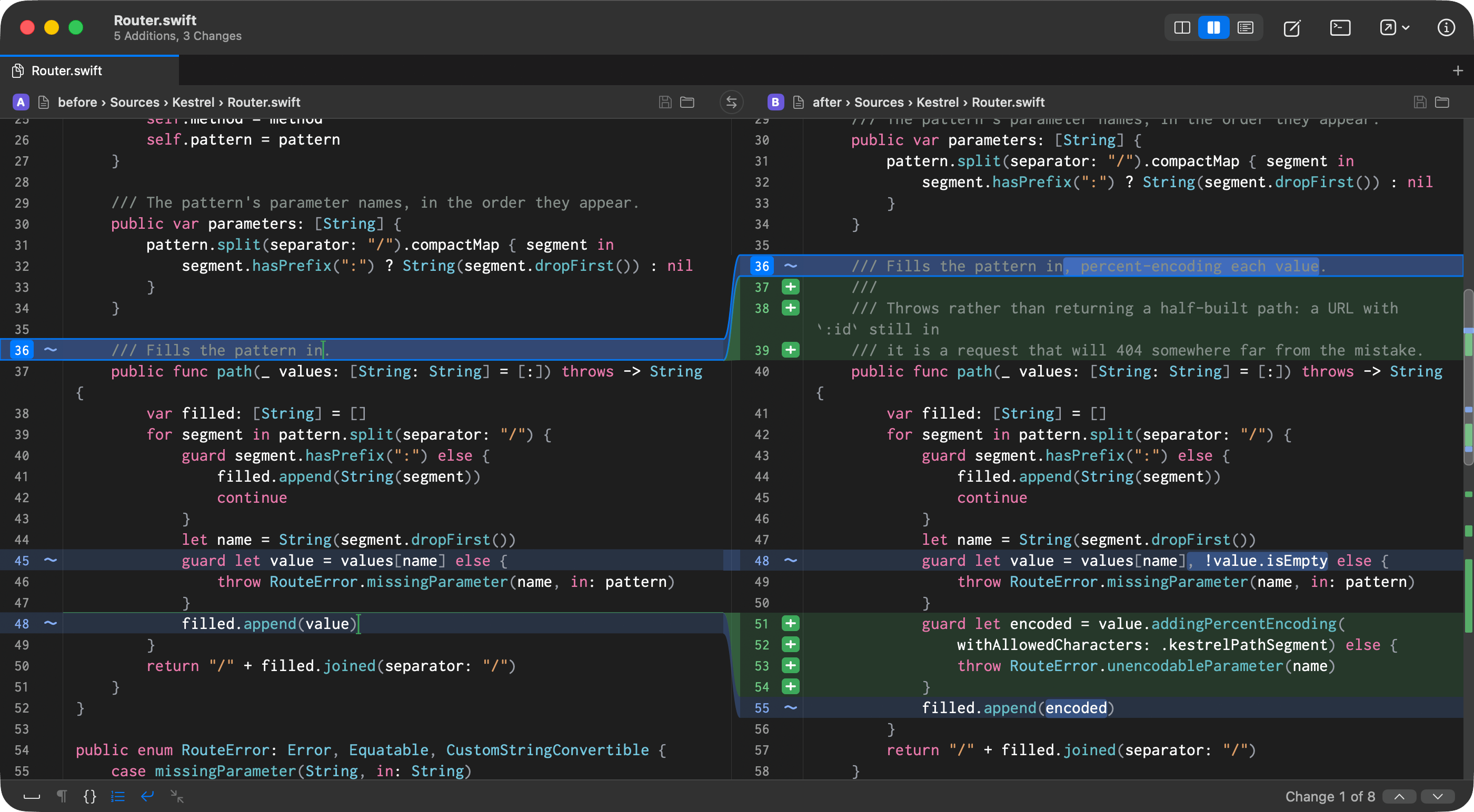 A Swift file comparison with highlights inside changed lines
