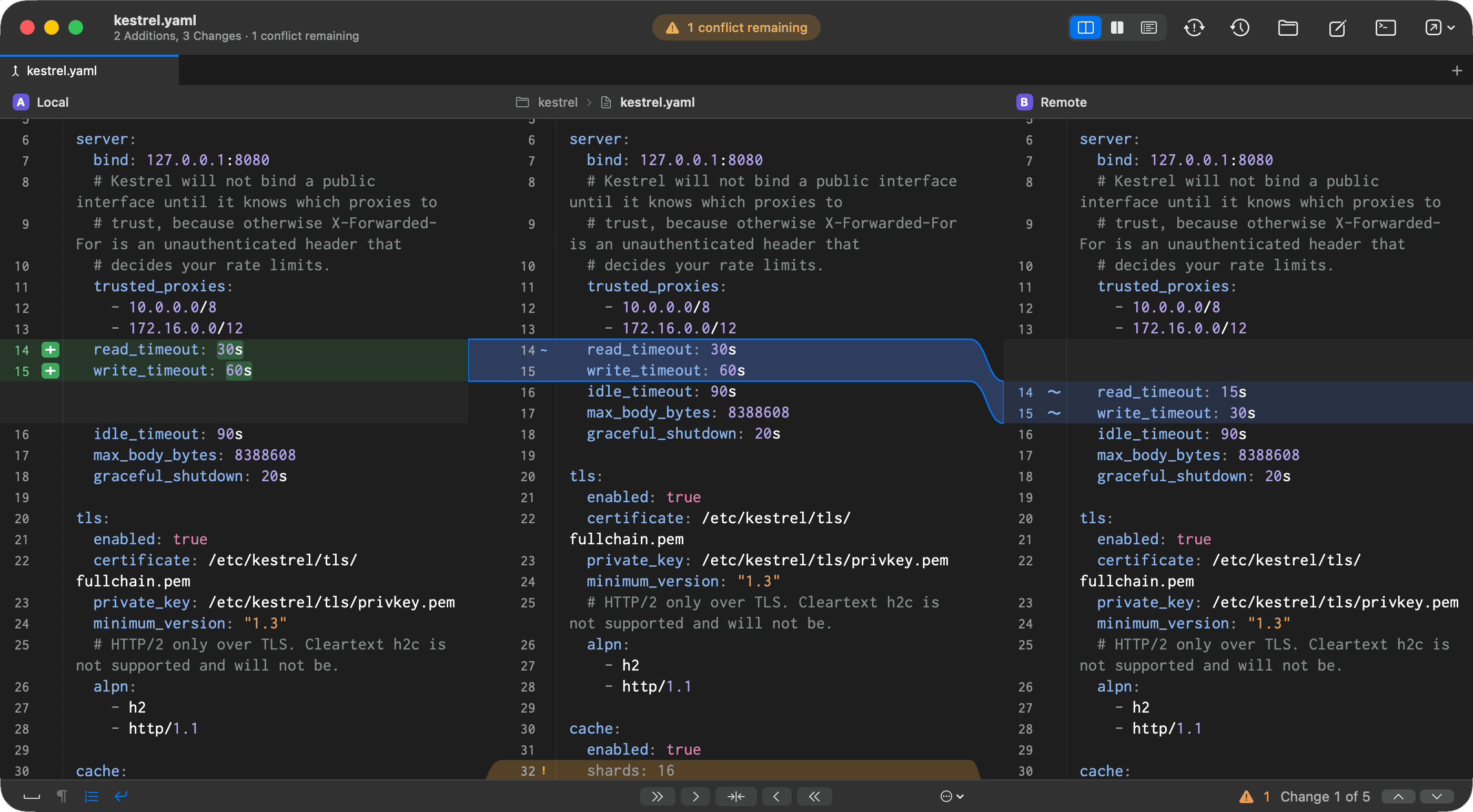 Resolve a three-way merge and undo decisions as needed