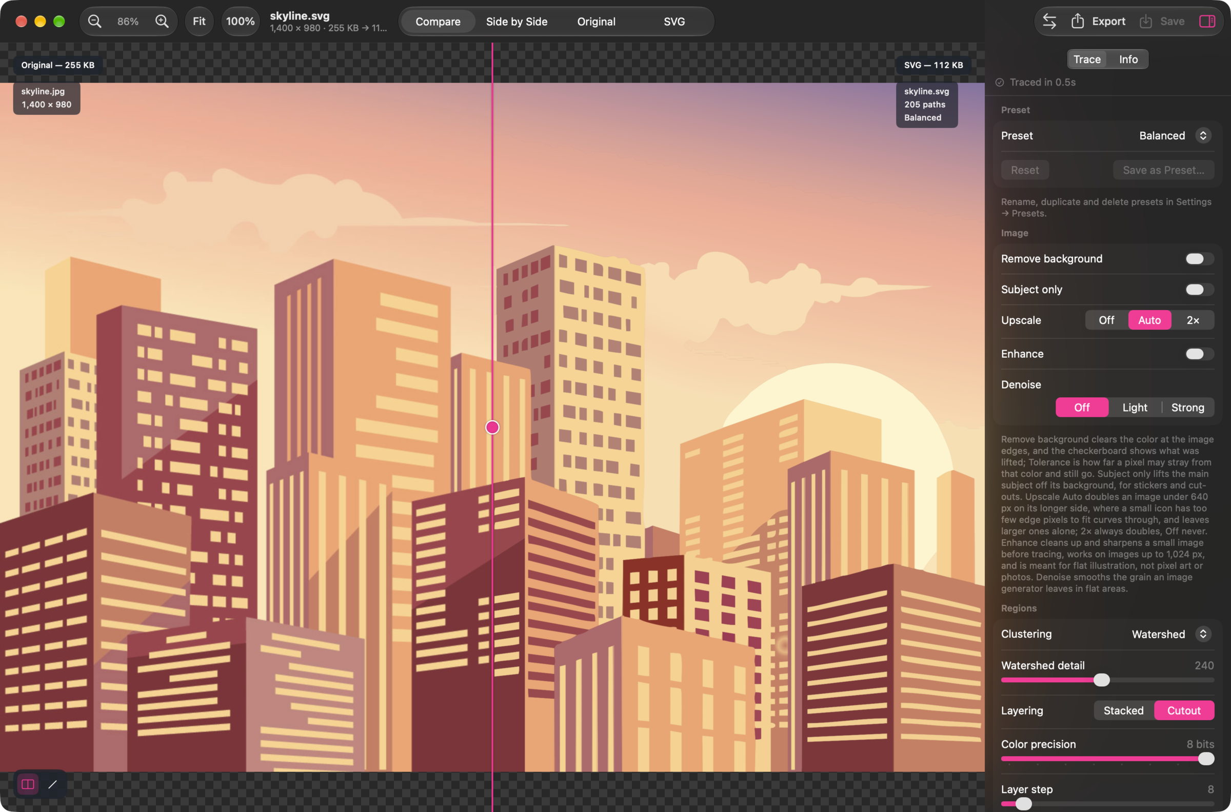 Compare straight edges in the original and SVG